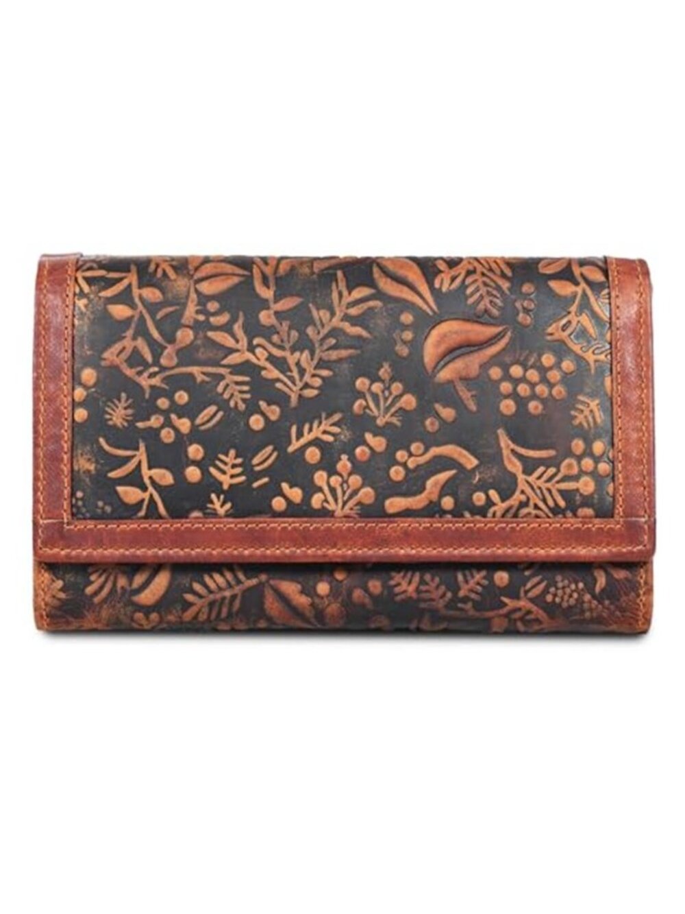 Women's Leather RFID Blocking Wallet Card Holder Clutch Purse Floral Cognac Gift